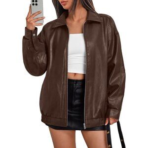 Women's Leather Bomber Moto Coat Jacket Brown Trendy Queen Statement Piece